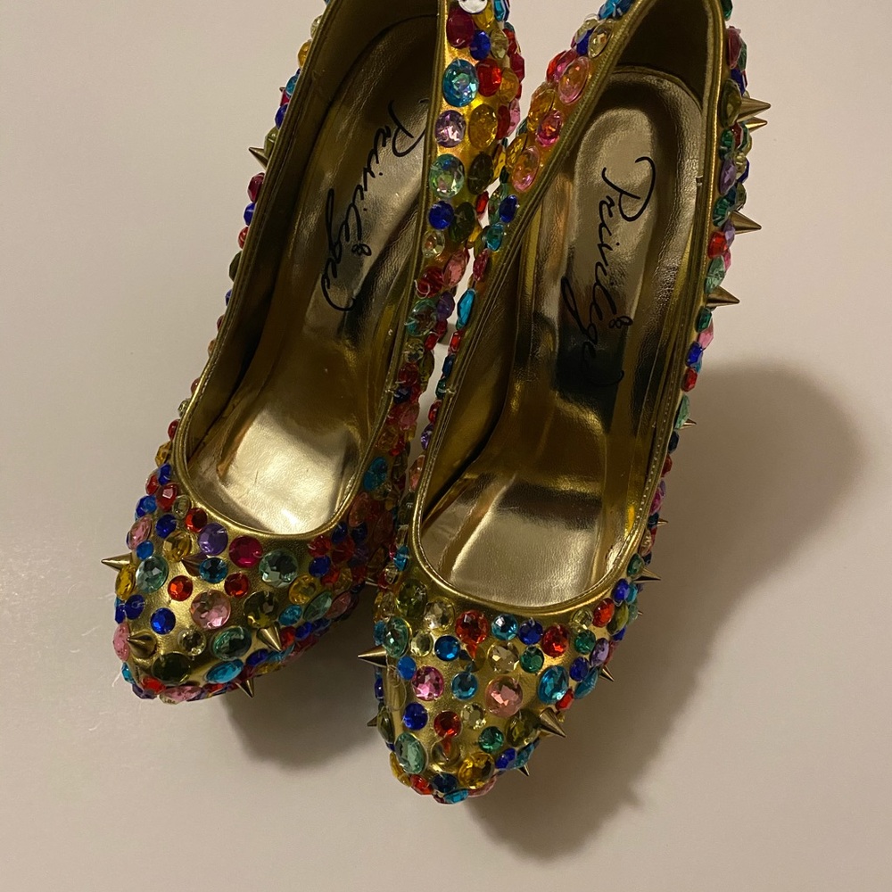Privileged Purrr Gold Multicolor Rhinestone Heels - Picture 2 of 5